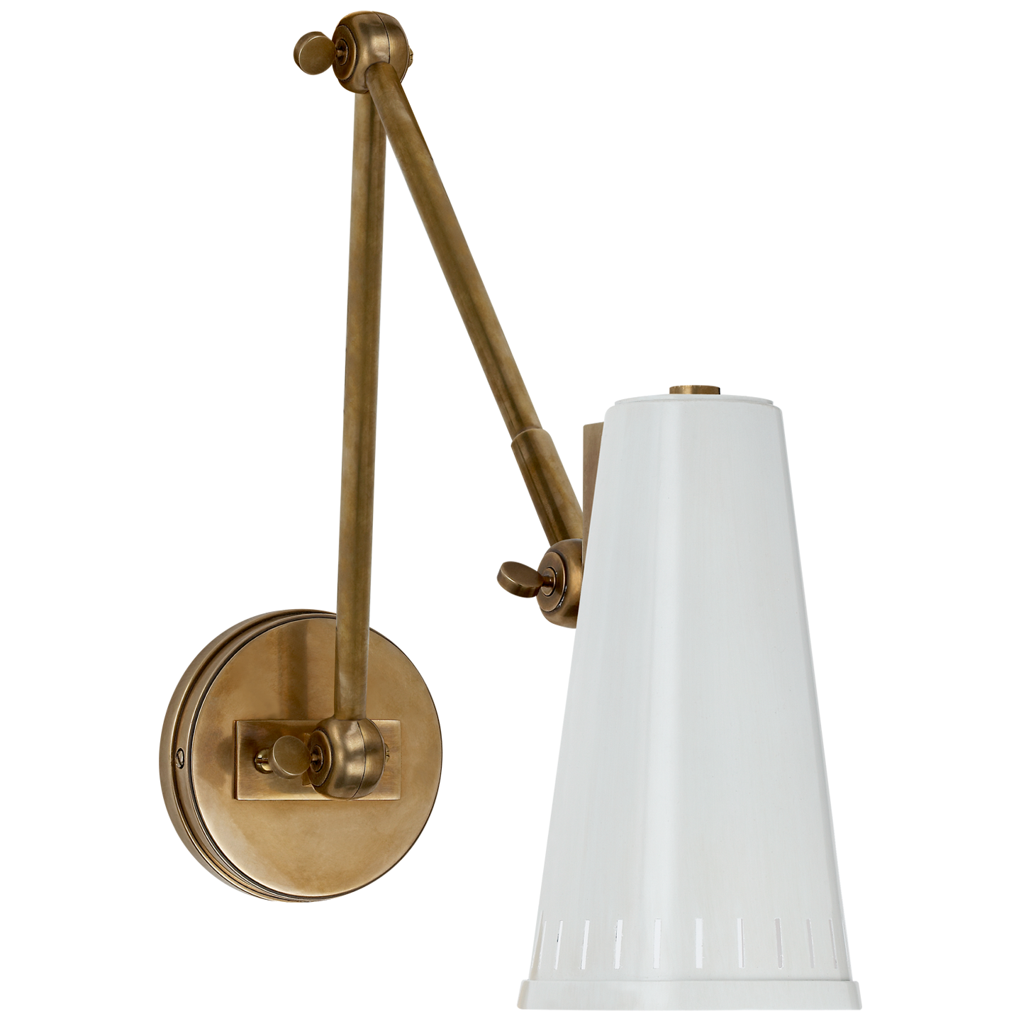 Antonio Adjustable Two Arm Wall Lamp in Hand-Rubbed Antique Brass with Antique White Shade