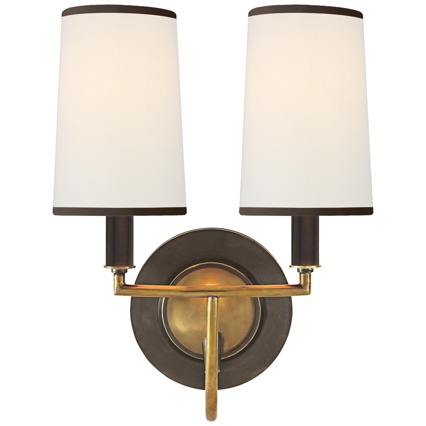 Elkins Double Sconce in Bronze and Hand-Rubbed Antique Brass with Linen Shades with Black Trim