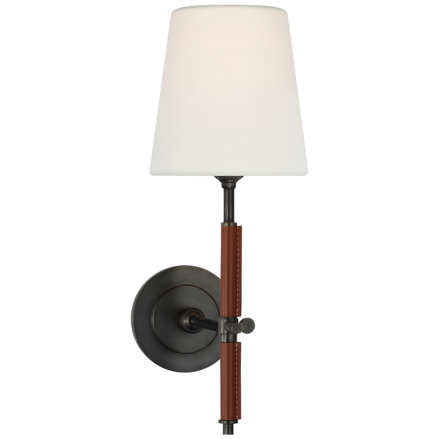 Bryant Wrapped Sconce in Bronze and Saddle Leather with Linen Shade
