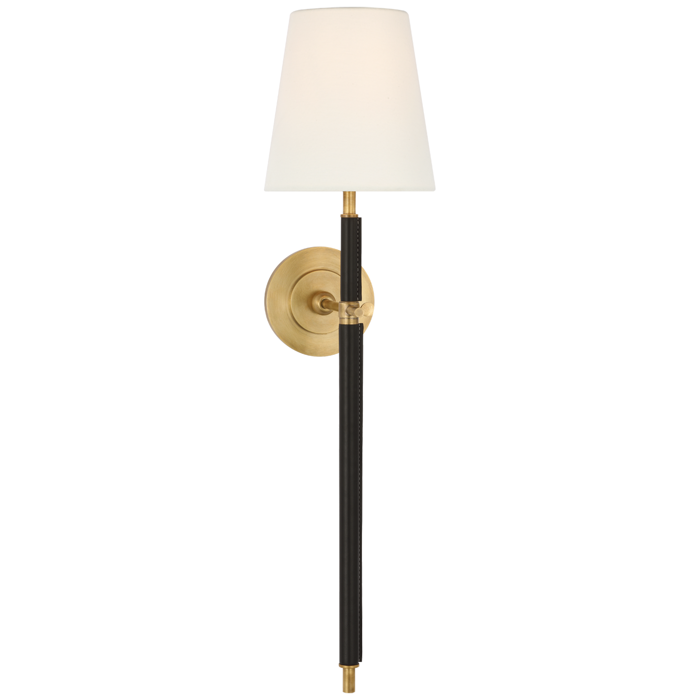 Bryant Large Wrapped Tail Sconce in Hand-Rubbed Antique Brass and Chocolate Leather with Linen Shade