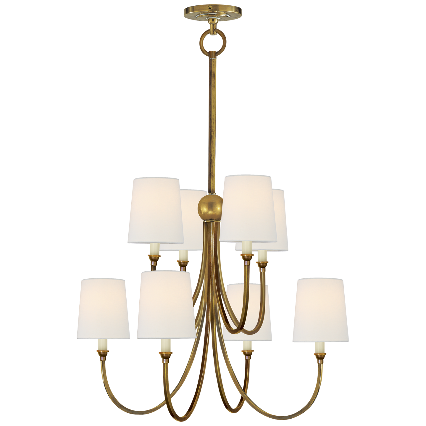 Reed Large Chandelier in Hand-Rubbed Antique Brass with Linen Shades