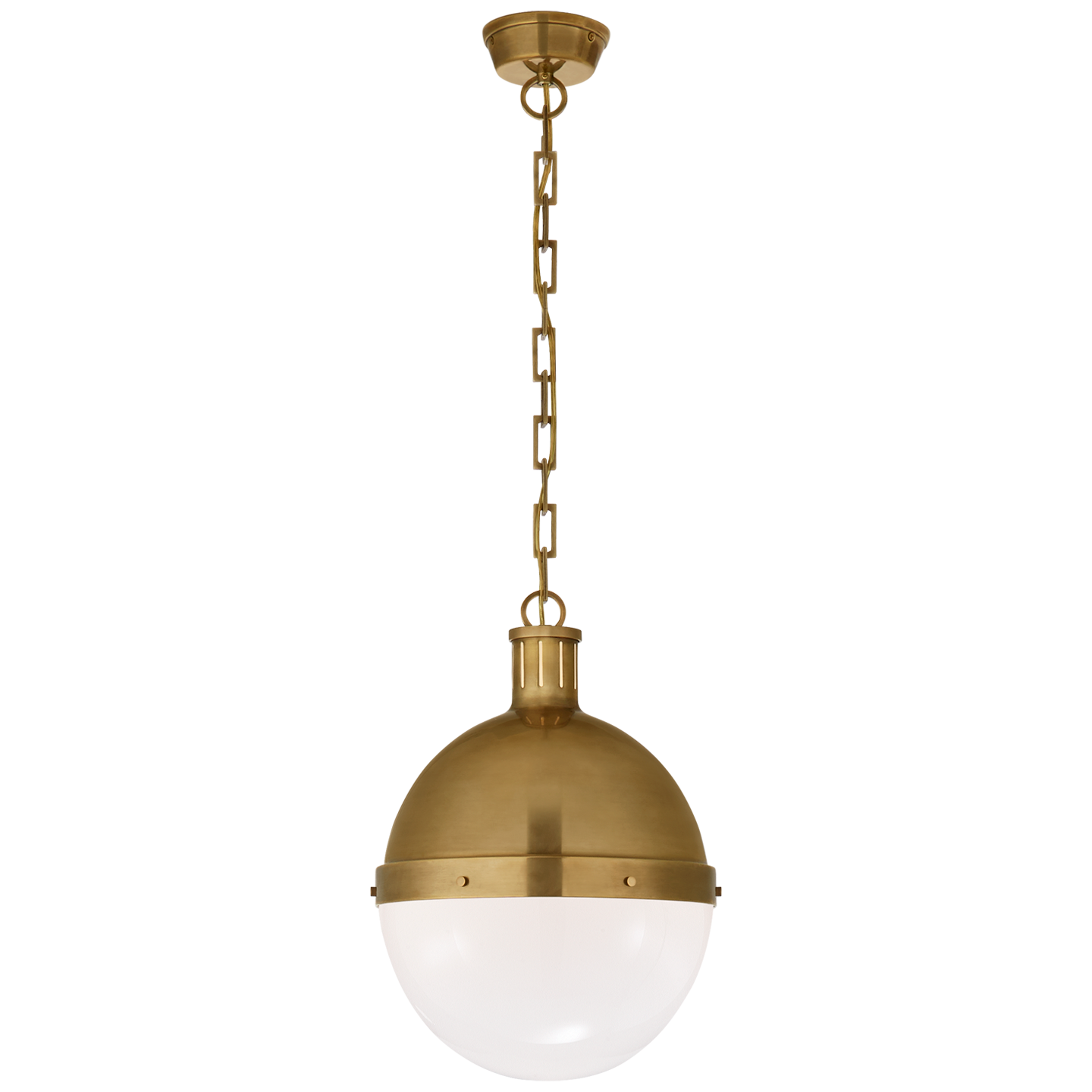 Hicks Large Pendant in Hand-Rubbed Antique Brass with White Glass