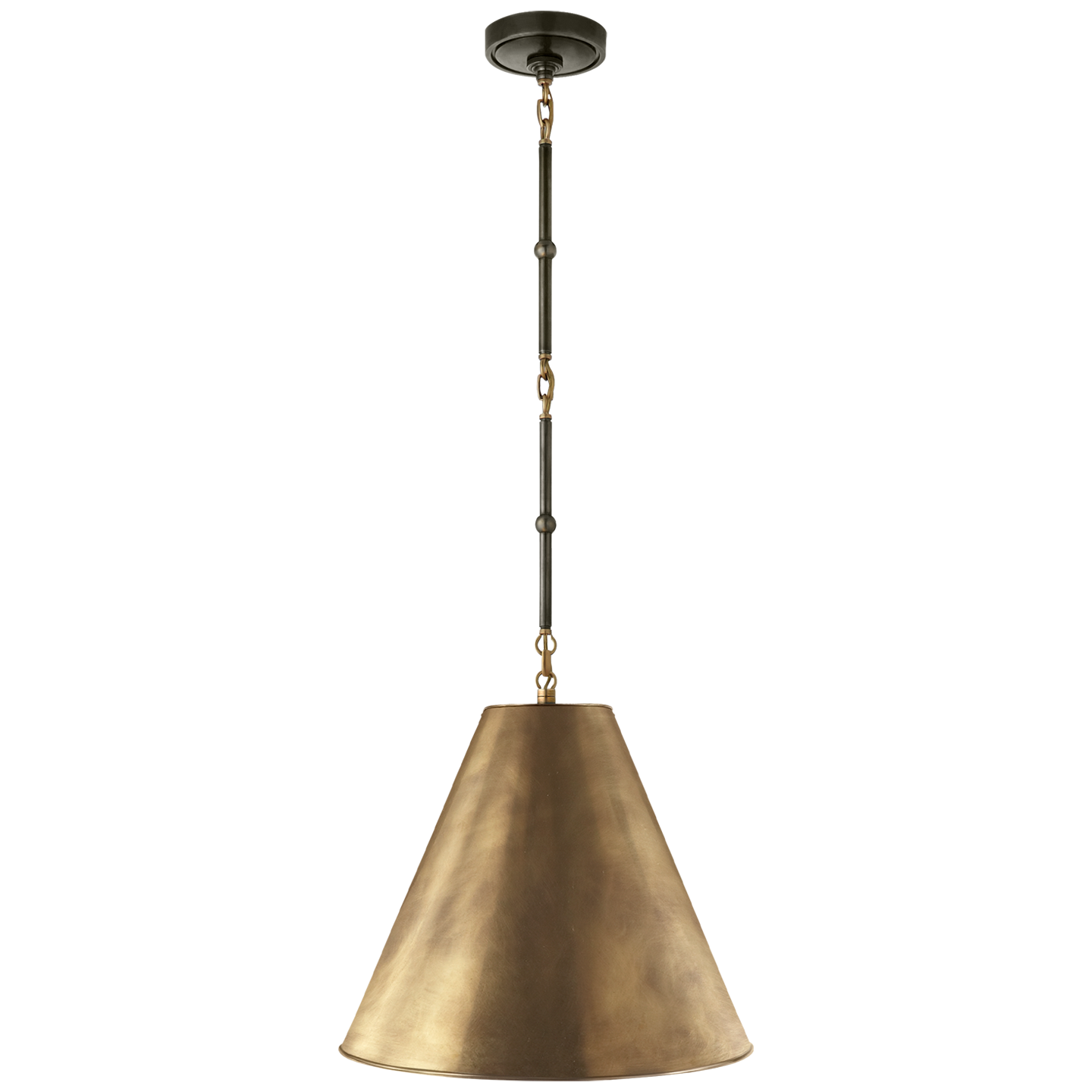 Goodman Small Hanging Light in Bronze and Hand-Rubbed Antique Brass with Hand-Rubbed Antique Brass Shade