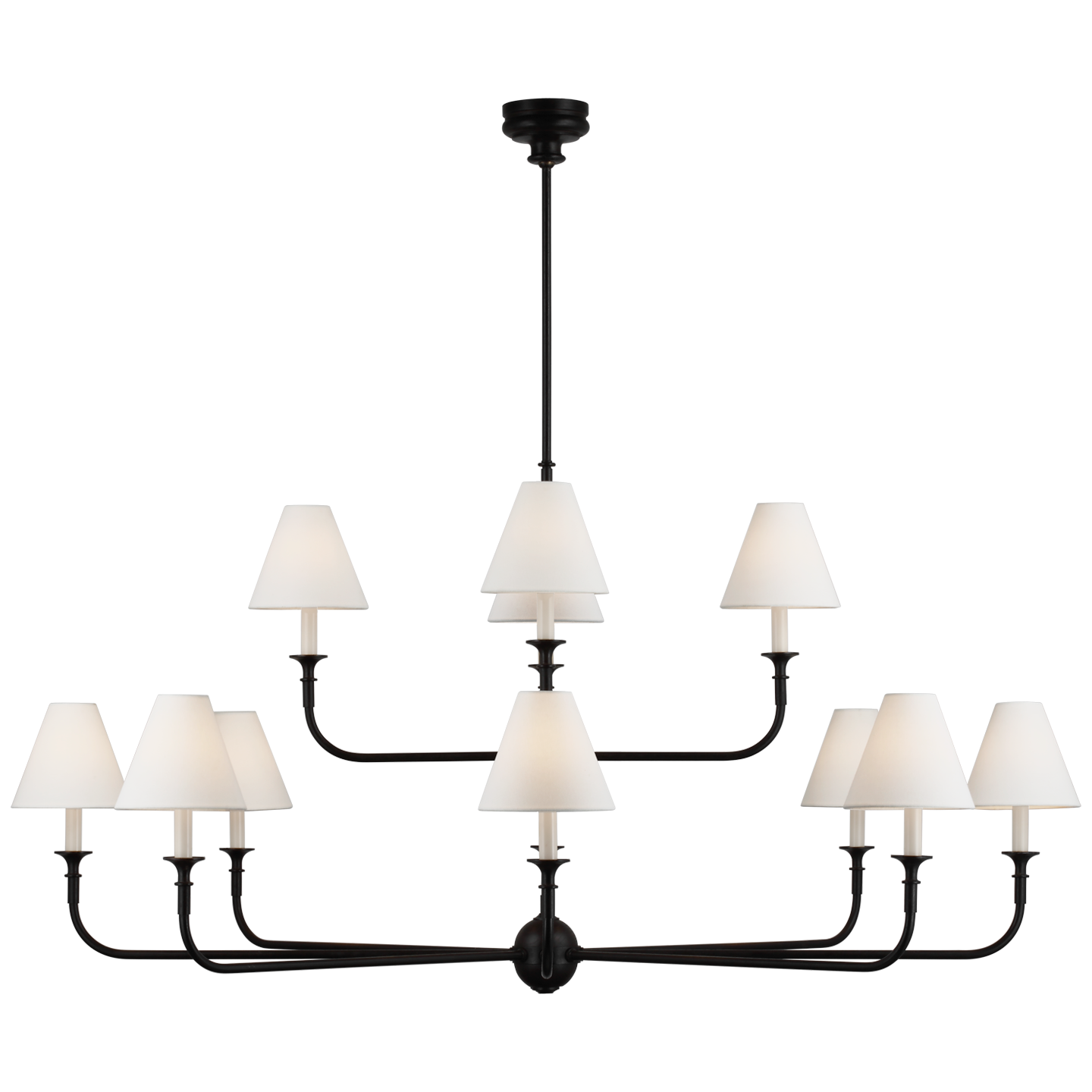 Piaf Grande Two-Tier Chandelier in Aged Iron and Ebonized Oak with Linen Shades
