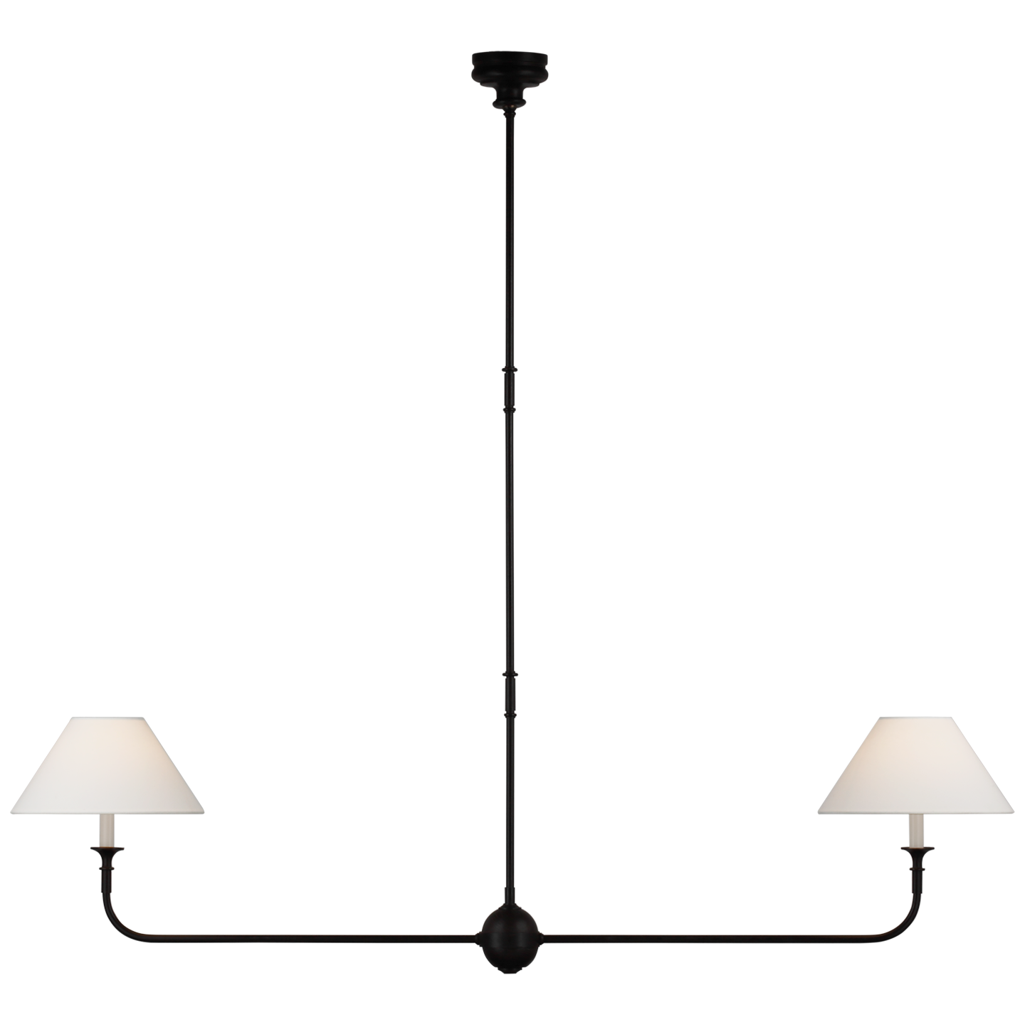 Piaf Large Two Light Linear Pendant in Aged Iron and Ebonized Oak with Linen Shades
